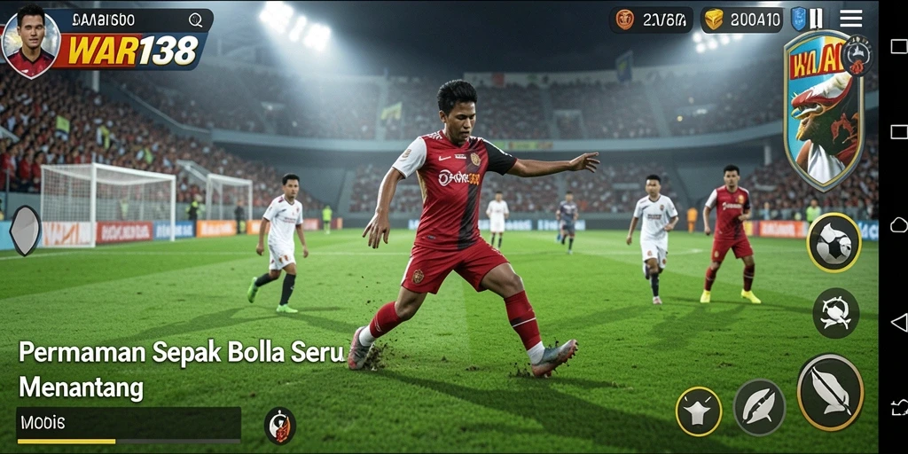 Screenshot gameplay menampilkan pemain dalam aksi di lapangan sepak bola.